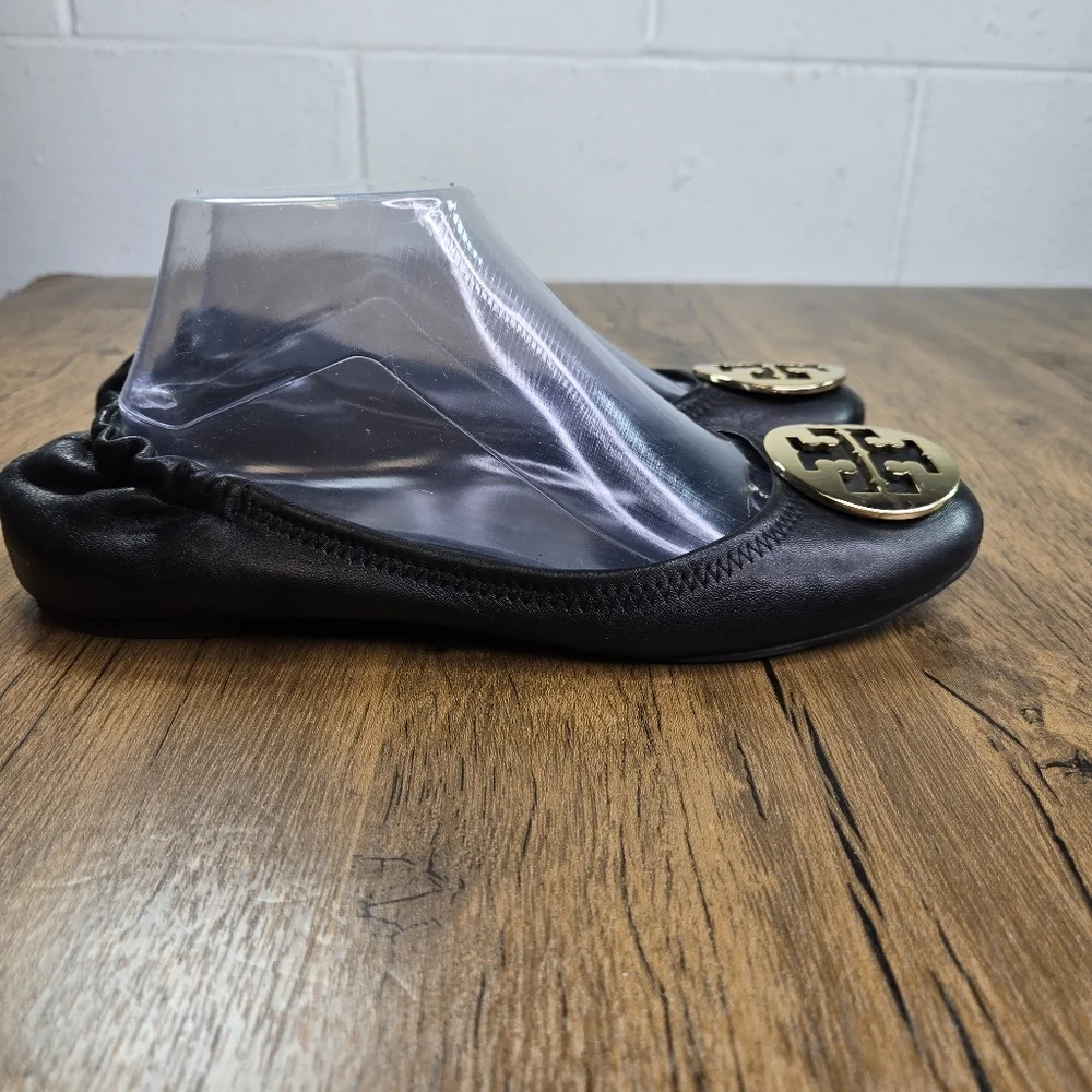 Tory Burch Reva Black Leather Ballet Flats Gold Logo Hardware